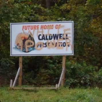 A sign on Caldwell First Nation property is shown defaced on Oct 30, 2016  (Photo courtesy of Leamington Mayor John Paterson's public Facebook page)