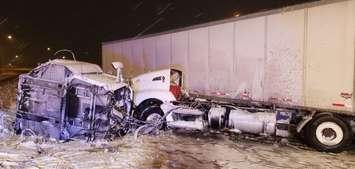 A crash involving a jack-knifed tractor-trailer at the Hwy 401/Hwy 3 roundabout in Windsor, Monday, November 11 2019. (Photo courtesy of the Ontario Provincial Police)