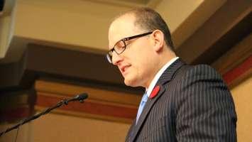 Mayor-elect Drew Dilkens speaks to supporters at the Caboto Club, October 27 2014.  (Photo by Maureen Revait.)