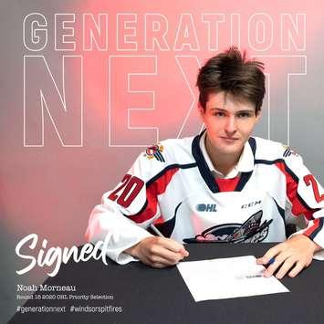 Noah Morneau signs his OHL Player and Education Agreement with the Windsor Spitfires, June 28, 2022. Photo provided by Windsor Spitfires.