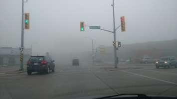 Visibility is poor at Walker and Wyandotte East in Windsor on Jan 22, 2017 due to fog. (Photo by Mark Brown/Blackburn News)
