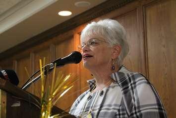 Windsor Rotary Club Legacy Projects Chair Janet Kelly speaks at a meeting, June 5, 2017. (Photo by Mike Vlasveld)