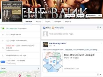 A screen shot of The Bank Nightklub's Facebook page with the posted Statement of Claim.