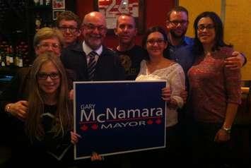 The McNamara family celebrates Gary McNamara's election win at Armondo's in Tecumseh, October 27, 2014. (photo by Mike Vlasveld)