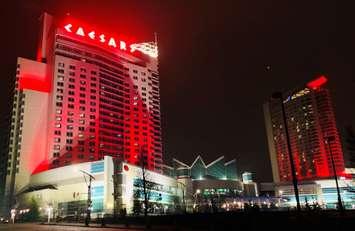Caesars Windsor is seen with red lights in honour of MADD's Red Ribbon Campaign, December 3, 2019. Photo provided by MADD Windsor and Essex County.