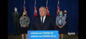 Premier Doug Ford addresses the media at Queens Park in Toronto, January 12, 2021. Image courtesy CPAC.