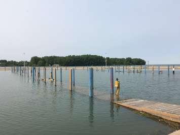 Lakeview Park Marina has been closed this season due to dangerously high water levels submerging the current wooden docks and hydro boxes. July 8, 2019. (Photo by Paul Pedro)