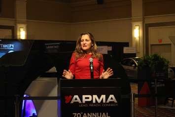 Deputy Prime Minister and Minister of Finance Chrystia Freeland  speaks at Caesars Windsor at the APMA Conference. (Photo by Maureen Revait) 