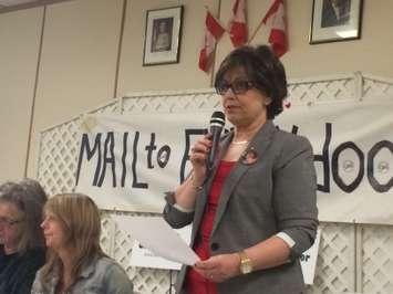 Federal Liberal candidate in Essex, Audrey Festeryga, speaks at a panel discussion in Kingsville on door-to-door mail delivery on May 26, 2015. (Photo by Ricardo Veneza)