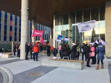 Public health nurses at the Windsor-Essex County Health Unit picketed at Windsor City Hall. Feb 25, 2018. (Photo by Paul Pedro)