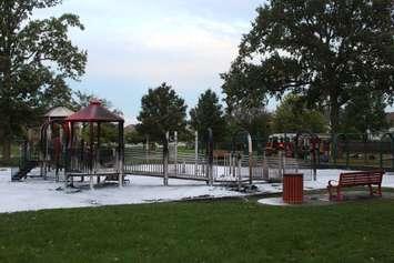 A playset at Lacasse Park in Tecumseh after firefighters foam it down following a fire on October 10, 2017. Photo by Mark Brown/Blackburn News.