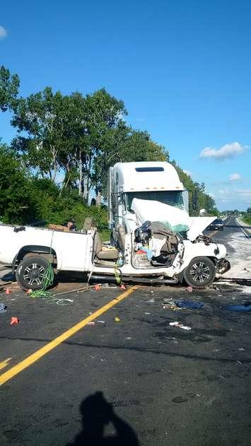 Police investigate a two vehicle crash on Hwy. 3 west of Kingsville, September 1, 2016. (Photo courtesy of the OPP)