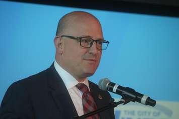 Windsor Mayor Drew Dilkens speaks at the InvestWindsorEssex AGM at Caesars Windsor, May 26, 2022. Photo by Mark Brown/WindsorNewsToday.ca.