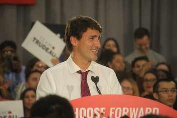 Prime Minister Justin Trudeau smiles as he addresses a Liberal rally at the St. Clair Centre for the Arts, Windsor, September 16, 2019. Photo by Mark Brown/Blackburn News.