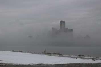 The Detroit skyline is shrouded in a low fog on February 15, 2018. Photo by Mark Brown/Blackburn News.
