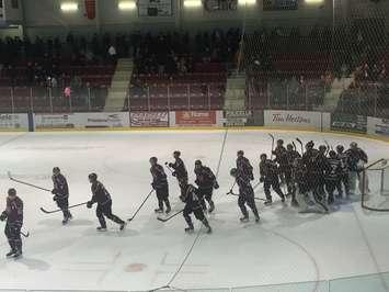 Chatham Maroons celebrate 4-3 win over the Flyers in Leamington in Game 3 of their GOJHL second round playoff series, for a 2-1 series lead, on Tuesday, March 22, 2016. (Photo by Mike James)