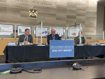 CAO Jason Reynar, Windsor Mayor Drew Dilkens and Chief Financial Officer Joe Mancina present the proposed 2022 budget, November 19, 2021. (Photo by Maureen Revait) 