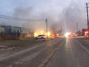 Kingsville industrial fire on Road 3 East near Spinks Drive. Dec 10, 2018. (Photo courtesy of OPP)