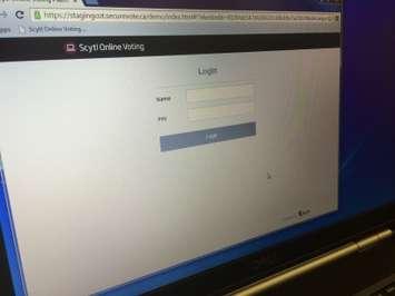 The start-up page  of the online voting system Leamington will use in the upcoming 2014 municipal election is seen during a demonstration of the system at the Leamington Municipal Building on August 27, 2014. (Photo by Ricardo Veneza)