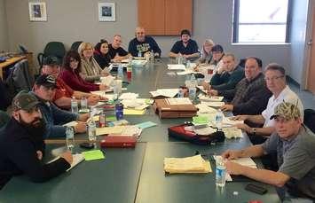 Bargaining committees for Dakkota, Oakley, TRW and HPBO meet to strategize for upcoming contract talks.  (Photo courtesy of Unifor Local 444's Facebook page.)