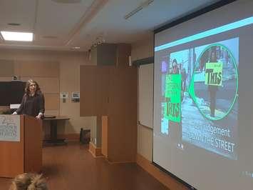 Lauren Crowley, co-founded of Feminists for Action, gives a presentation at the Windsor Regional Hospital board meeting, December 12, 2019. Photo by Mark Brown/Blackburn News.