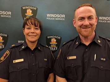 Newly promoted Superintendents with the Windsor Police Service, Pamela Mizuno (left) and Brendan Dodd (right) pose for a photo on October 28, 2016. (Photo by Ricardo Veneza)