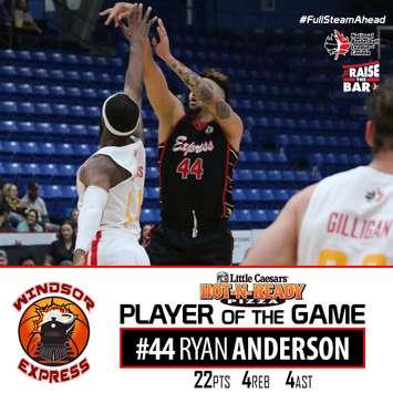 Ryan Anderson, #44, of the Windsor Express shoots against the Sudbury Five in Sudbury, December 9, 2018. Photo courtesy NBL/Windsor Express via Twitter.