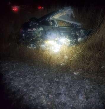 A vehicle struck by a VIA rail train in Lakeshore. December 30, 2020. (Photo courtesy of Essex County OPP)