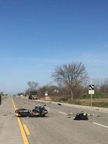 Photo of a motorcycle crash on Hwy. 3 April 18, 2017 courtesy of the Ontario Provincial Police.