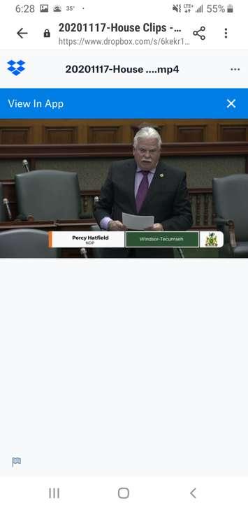Windsor-Tecumseh MPP Percy Hatfield of the NDP rises on the floor of the Ontario Legislature, Toronto, November 17, 2020. Image courtesy Ontario Legislature.