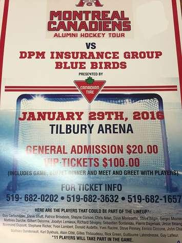 A poster advertising the Tilbury Lions Club hockey game fundraiser. (Photo by Mike James)