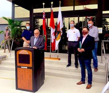 Windsor-Tecumseh MP Irek Kusmierczyk joins Mayor Gary McNamara and Tecumseh town council to announce funding for a on-demand transit pilot project. July 23, 2021. (Photo via @IrekKusmierczyk on Twitter)