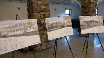 Three concept drawings for a new rec and arts centre are displayed at Lakeside Pavilion in Kingsville on August 17, 2017. Photo by Mark Brown/Blackburn News.