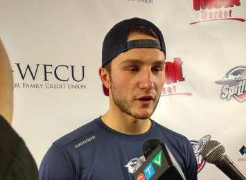Windsor Spitfires goalie Garret Hughson speaks with reporters following his Spitfires debut, shutting out the Flint Firebirds 3-0 at the WFCU Centre in Windsor, Oct 29. (PHOTO/Mark Brown)