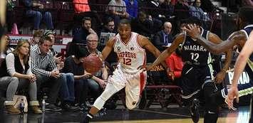 Darren Duncan of the Windsor Express dribbles the ball in the Express' 107-98 loss to Niagara on Feb 19, 2017 at the WFCU Centre (Photo courtesy of the Windsor Express)