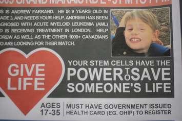 A flyer announcing a bone marrow drive for nine-year-old Andrew Ferrand is shown at Canadian Blood Services in Windsor, June 12, 2019. Photo by Mark Brown/Blackburn News.