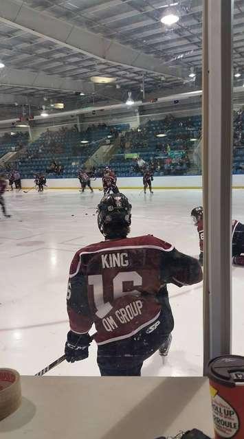 Josh King warms up with the Chatham Maroons before their playoff game against the LaSalle Vipers at the Vollmer Complex in LaSalle, March 11, 2018. Photo by Mike Regnier.