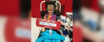 A woman giving blood at the "Mighty" Megan Blood Drive and Swab event in Tilbury on March 26, 2019. (Photo courtesy Mighty Megan Fights Leukemia Facebook) 