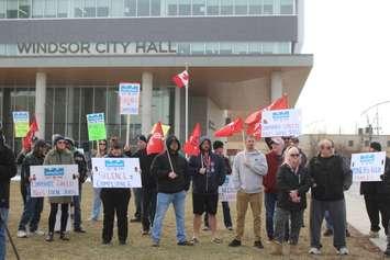 Unifor holds rally in front of Windsor City Hall calling for support for Windsor Salt employees, March 16, 2023. (Photo by Maureen Revait) 