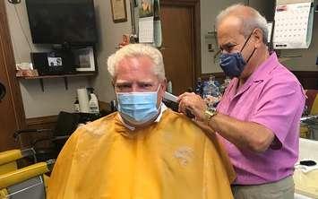 Premier Doug Ford gets a hair cut at Mastronardi Barbering on July 16, 2020. (Photo courtesy of Christine Wood)