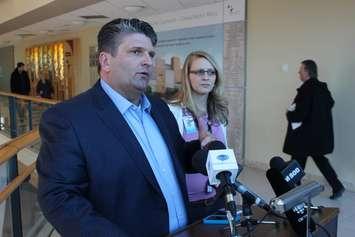 Windsor Regional Hospital CEO David Musyj and Infection Prevention and Control Manager Erica Vitale speak to the media at the Ouellette Ave. Campus, March 5, 2015. (Photo by Mike Vlasveld)