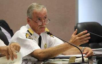 Windsor Fire Chief Bruce Montone speaks to city council, July 27, 2015. (Photo by Mike Vlasveld)
