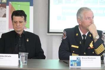 Amherstburg Mayor Aldo DiCarlo and Amherstburg Fire Chief Bruce Montone listen during a press conference at the Windsor-Essex County Health Unit in Windsor, April 26, 2018. Photo by Mark Brown/Blackburn News.