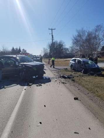 Photo of a truck that collided with a van on County Road 34 on March 7, 2020. Photo via OPP News Portal.