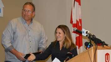 Unifor Local 444 President, David Cassidy and Foreign Affairs Minister, Chrystia Freeland in Windsor November 13, 2018. (Photo by Adelle Loiselle)