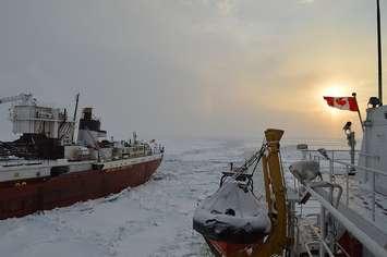 The Canadian Coast Guard Ship Griffon freed an American freighter from the icy clutches of southern Lake Erie Saturday February 21 2015.  Photo courtesy of the Canadian Coast Guard.