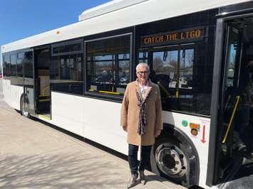 Leamington Mayor Hilda MacDonald shows off one of the new on-demand buses, May 2, 2022. Photo provided by Municipality of Leamington.