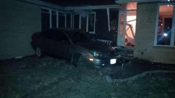 Chatham-Kent police have arrested a 17-year-old after the youth allegedly crash a stolen car into the front of a Chippewa Dr. home while impaired. (Photo courtesy Alana Francis)