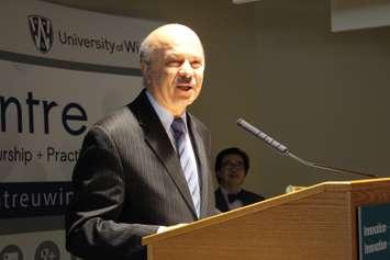 Ontario Minister of Research and Innovation Reza Moridi speaks to a crowd at the University of Windsor's EPICentre, January 20, 2015. (Photo by Mike Vlasveld)