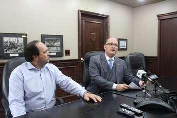 Windsor Mayor Drew Dilkens (right) holds a news conference to address the significant flooding the city suffered on September 29, 2016. (Photo by Ricardo Veneza)